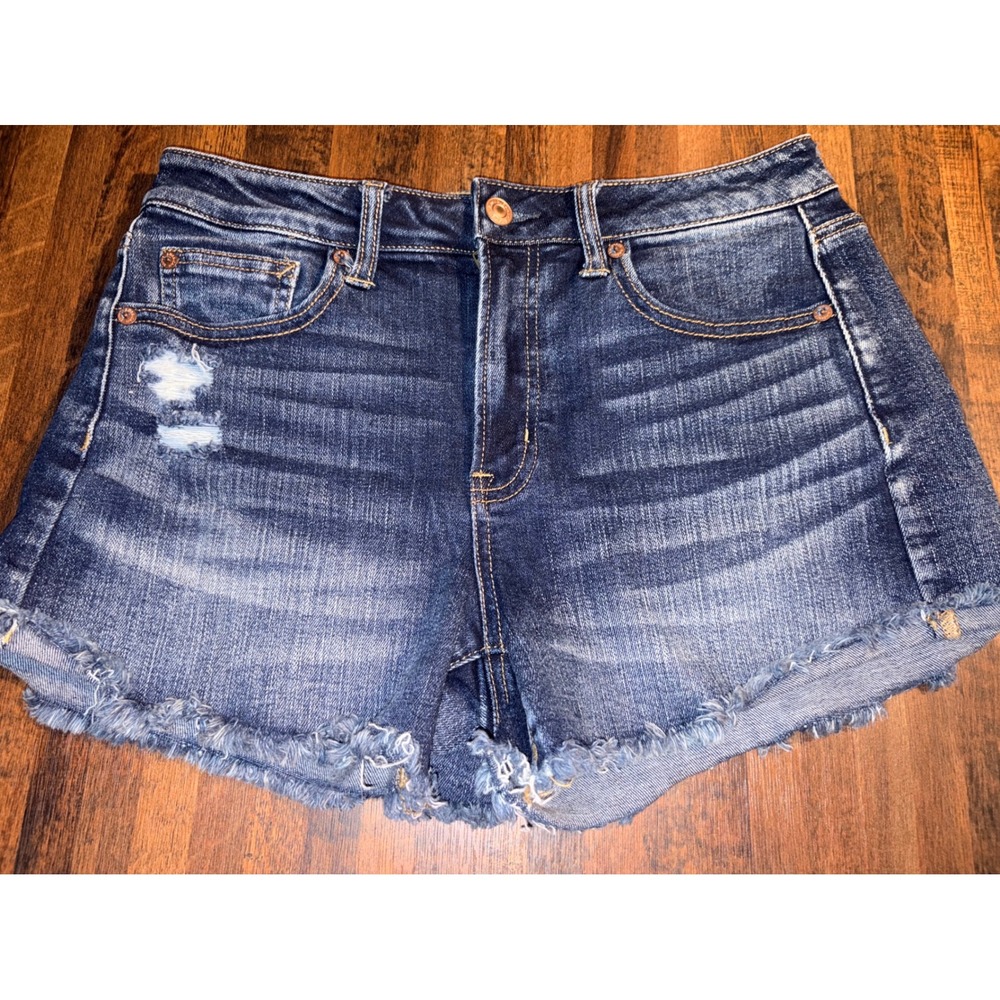 American‎ Eagle Hi-Rise Festival Midi Denim Shorts Dark Wash Distressed Womens 6
